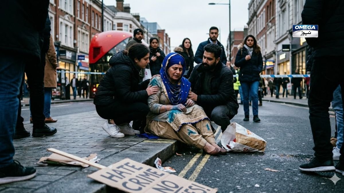 A photo of a sad Sikh woman sitting on a sidewalk in London. She wears a beige traditional outfit and a blue headscarf, both stained with blue powder. A young man and woman kneel beside her, offering comfort. People watch from the background behind blue police tape, and a cardboard sign on the ground reads "HATE CRIME."