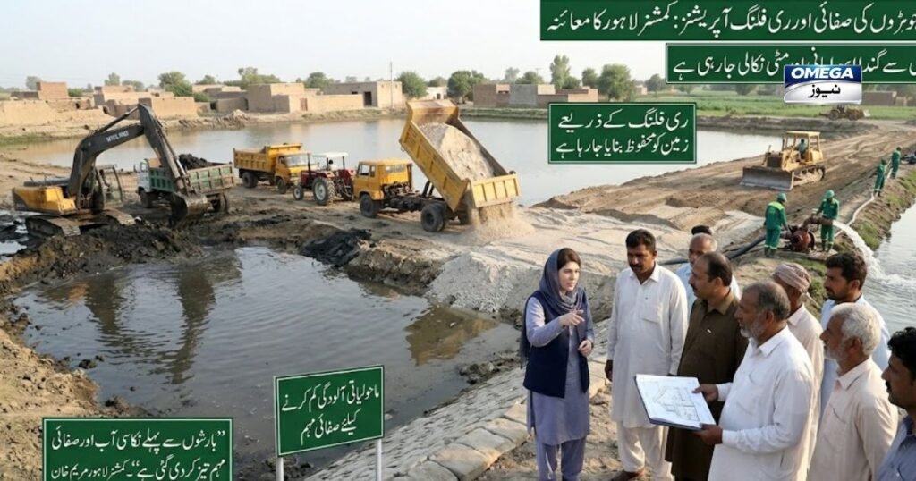 "پنجاب کے ایک دیہی علاقے میں ایک بڑے اوپن جوہڑ کی صفائی اور بحالی کے عمل کی حقیقت پسندانہ تصویر۔ پس منظر میں مٹی کے کچے مکانات اور سبز کھیت دکھائی دے رہے ہیں۔ تصویر میں کمشنر لاہور مریم خان، جو کہ ہلکے نیلے لباس اور ویسٹ کوٹ میں ملبوس ہیں، مقامی دیہاتیوں اور انتظامی افسران کے گروپ کے ساتھ کھڑی ہیں اور کام کی نگرانی کر رہی ہیں۔ جوہڑ کے کنارے پر بھاری مشینری، بشمول ایک ایکسکاوٹر (کھدائی کرنے والی مشین) اور دو بڑے ڈمپ ٹرک، گندا پانی اور مٹی نکالنے میں مصروف ہیں۔ تصویر کے مختلف حصوں پر گرین پٹیوں میں اردو میں معلوماتی سرخیاں لکھی ہیں، جن میں صفائی مہم، جوہڑوں سے مٹی نکالنے کے عمل، ماحولیاتی آلودگی کم کرنے اور کمشنر لاہور کے بیان کا ذکر ہے۔"