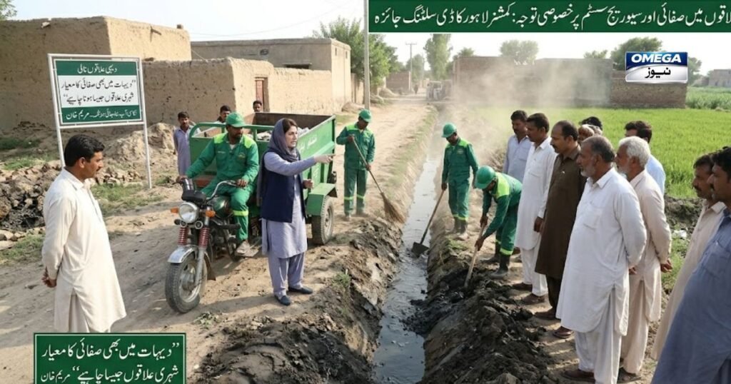 "پنجاب کے ایک دیہی علاقے کی حقیقت پسندانہ تصویر جس میں کمشنر لاہور مریم خان صفائی اور سیوریج نالیوں کی ڈی سلٹنگ (صفائی) کے عمل کا جائزہ لے رہی ہیں۔ تصویر میں سبز یونیفارم پہنے میونسپل ورکرز کھلی نالی سے گاد اور مٹی نکالتے ہوئے نظر آ رہے ہیں، جبکہ مقامی دیہاتی اور افسران وہاں موجود ہیں۔ پس منظر میں کچے اور پکے دیہی مکانات اور ہرے بھرے کھیت دکھائی دے رہے ہیں۔ تصویر کے اوپر اور نیچے اردو میں معلوماتی سرخیاں (گرین پٹیوں میں) لکھی ہیں، جن میں صفائی مہم اور کمشنر لاہور کے بیان کا ذکر ہے۔"